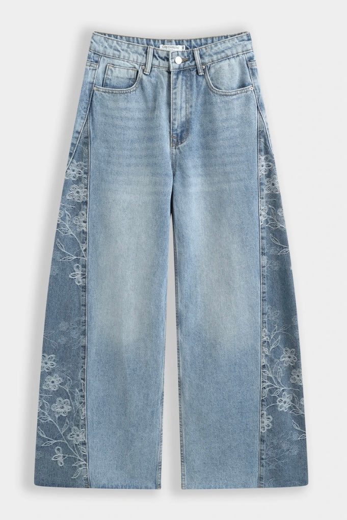 Wide-leg-jeans met elegant bloemenborduursel