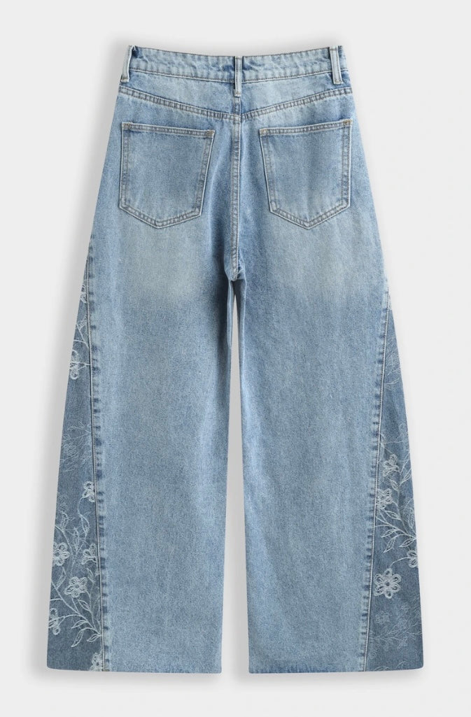 Wide-leg-jeans met elegant bloemenborduursel