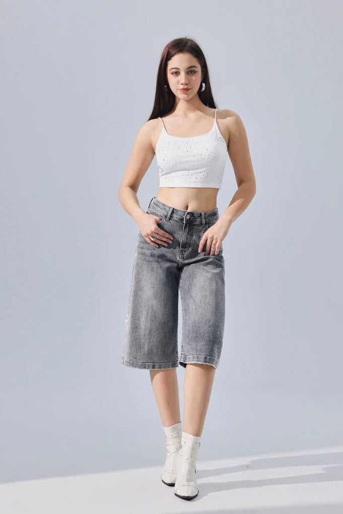 Grijze denim jorts met glitterdetails