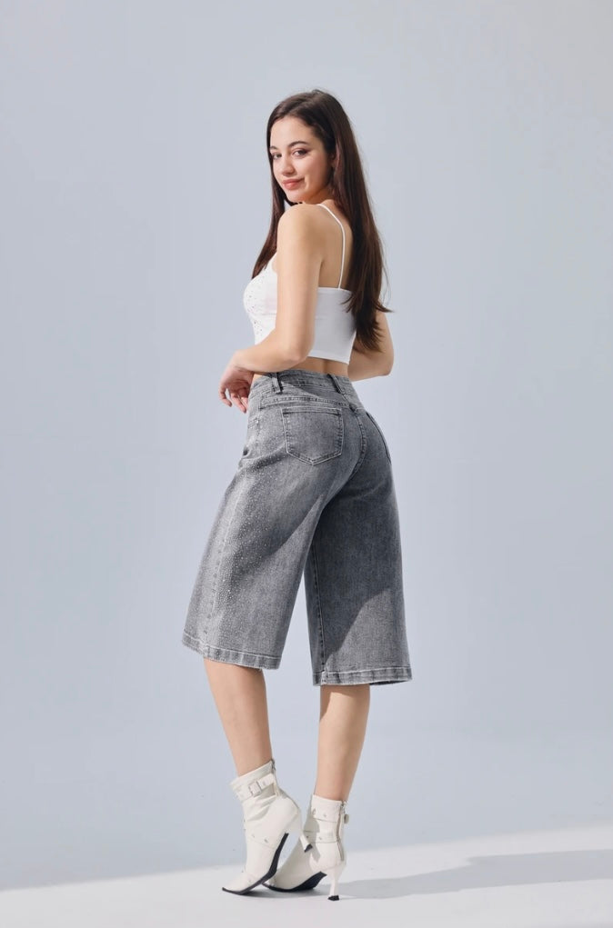 Grijze denim jorts met glitterdetails