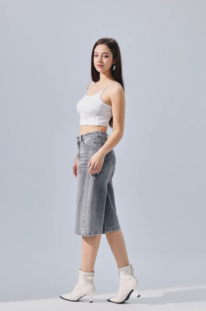 Grijze denim jorts met glitterdetails
